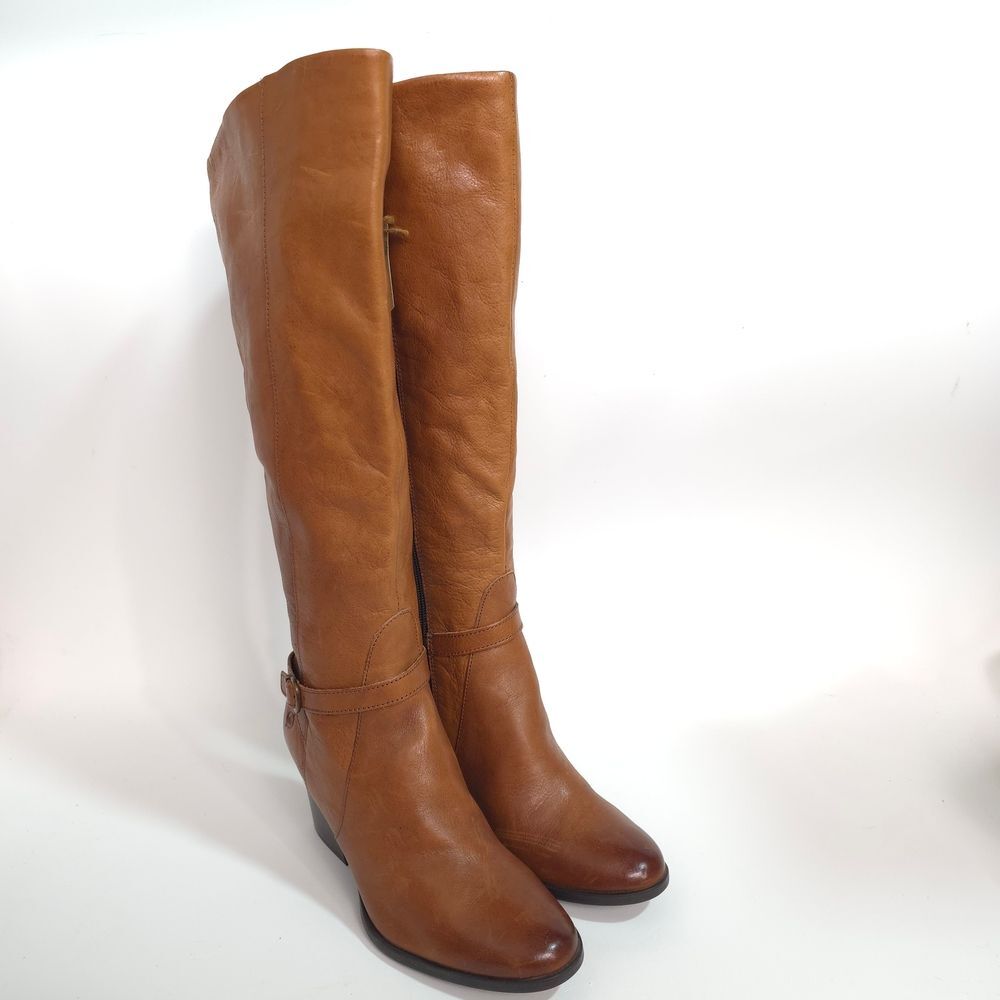 Born Leather Tall Riding Block Chunky Heel Brown Knee-High Buckled Boots Size 8M